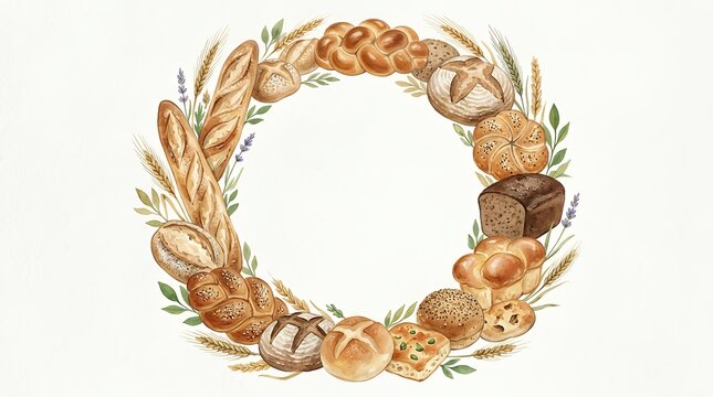 Hand painted watercolor circular wreath frame border madediverse artisan bakery bread rolls baguettes buns and rye loaves composition copy space template for organic food menu card packaging