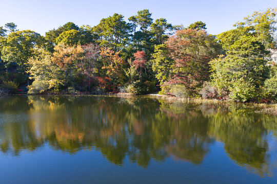 Colorful autumn foliage is found fringing Pilgrim Lake in Orleans, Massachusetts. This scenic destination is on the outer part of Cape Cod, not far from the Atlantic Ocean.