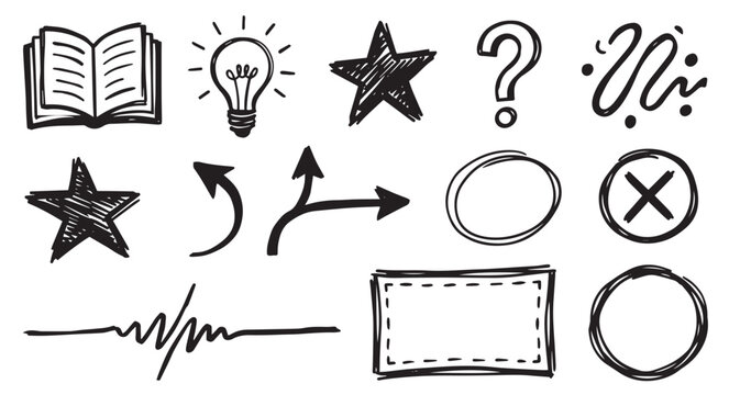 Hand Drawn Black Ink Doodle Icons Set Book Lightbulb Stars Question Mark Arrows Banner Education Ideas Creativity Sketch