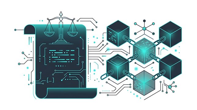 Smart contracts governing decentralized transactions and secure peer to peer networks using cryptographic ledgers and digital scales symbolizing fairness within automated financial systems