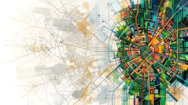 Urban map with directional lighting and warm cool color temperature contrast