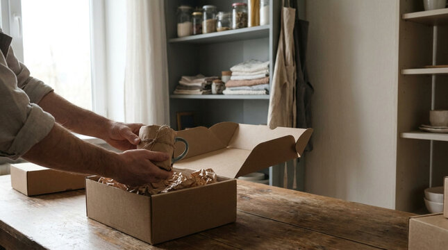 Designer carefully unpacking a cardboard shipping package filled with protective packing material at a rustic workshop table