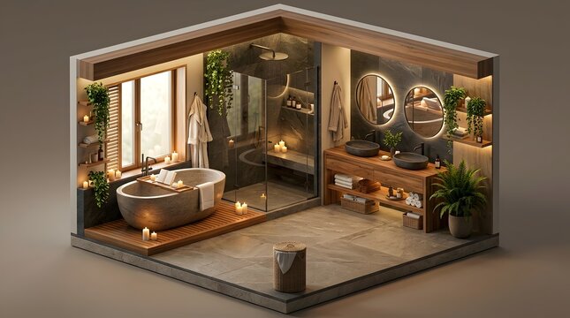Luxury bathroom featuring layered depth of field with freestanding tub and double vanity