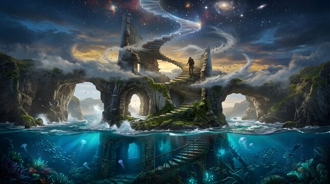 Mystical stone staircase and arches revealing underwater ruins with ascending figure