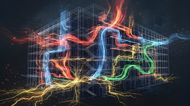 Neural network architecture glowing with vibrant multicolor data streams in translucent 3D grid structure