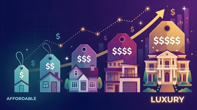 Price tags on houses illustrating affordable to luxury real estate market progression