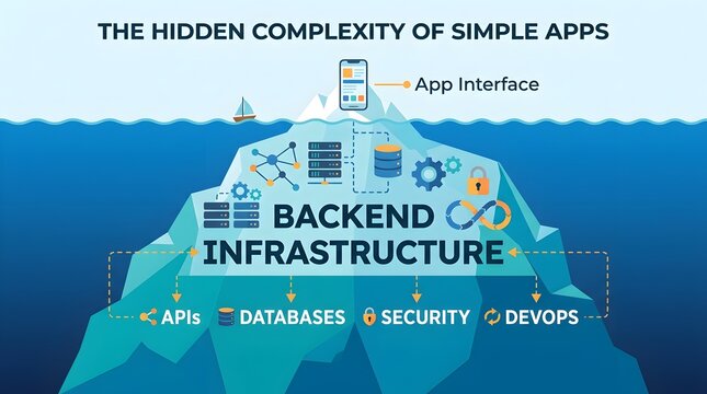 Hidden Complexity of Simple Apps Backend Infrastructure Iceberg Diagram Depth of Field Vector