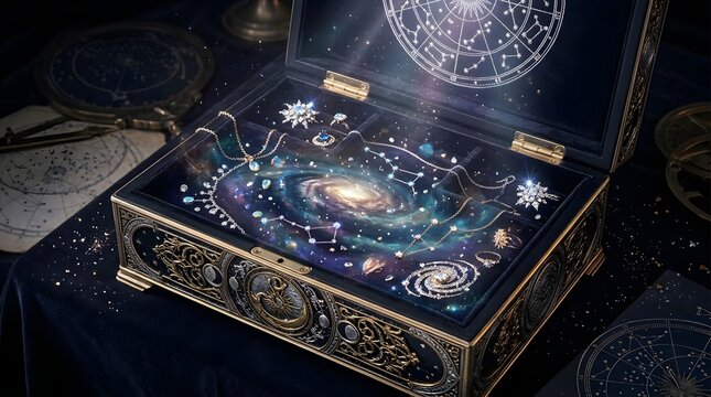 Intricate celestial box with glowing galaxy lid resting on velvet dark blue surface