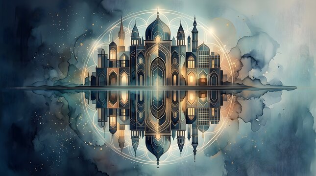 Mystical palace architecture reflected in layered water with depth of field glow effects
