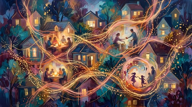 Neighborhood scenes connected by golden glowing threads warm suburban evening digital art