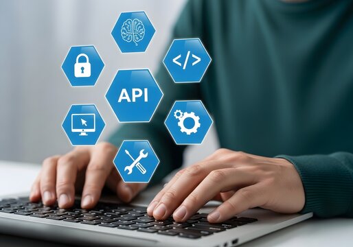 Software developer typing on laptop with floating api and programming code icons on screen