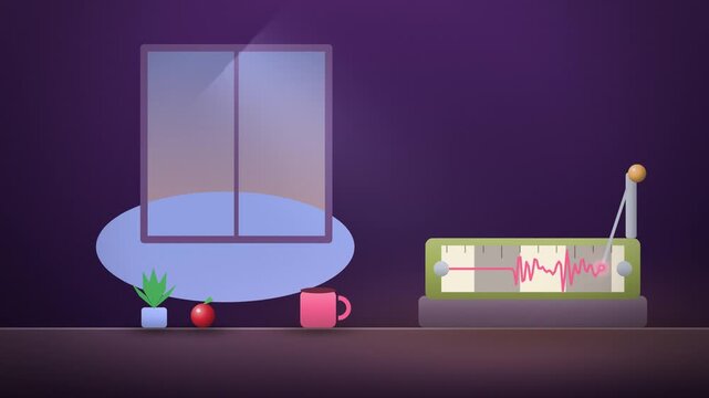 Purple seismograph with paper strip education science full scene