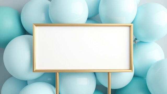 elegant blank white sign in gold frame with bokeh pastel blue balloons for customizable celebration mockup