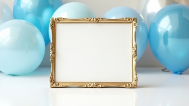 elegant white framed sign with gold molding on white surface with blurred pastel and sapphire blue balloons for celebration announcement