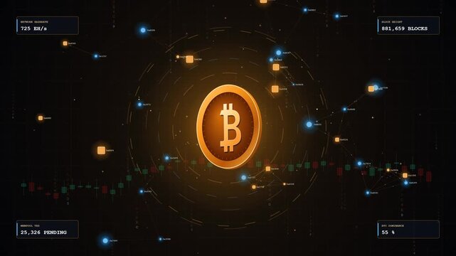 Futuristic 4K motion graphics featuring a glowing golden Bitcoin emblem surrounded by orbital blockchain nodes, dynamic live candlesticks, cryptographic hash streams, and floating digital telemetry.