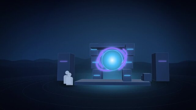 Blue AI core outgrowing its server rack evolving tilted view appearing