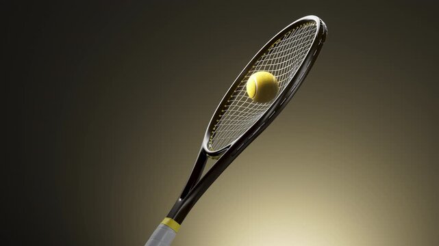 Loop Tennis ball captured against racket strings under dramatic studio light, angled close-up showing textured felt and string tension, suspended midair over soft gradient background