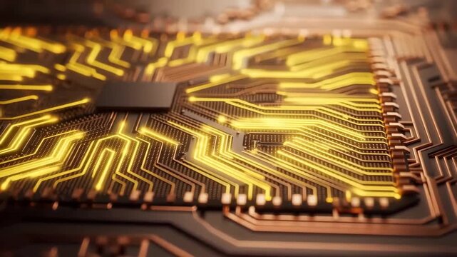 60 FPS Macro flyover of glowing gold circuit traces around microchip on copper PCB