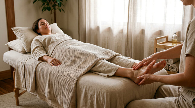 Wide view of an adult client receiving a foot massage on a treatment bed while a therapist works at the foot end, showing a peaceful wellness session in progress.