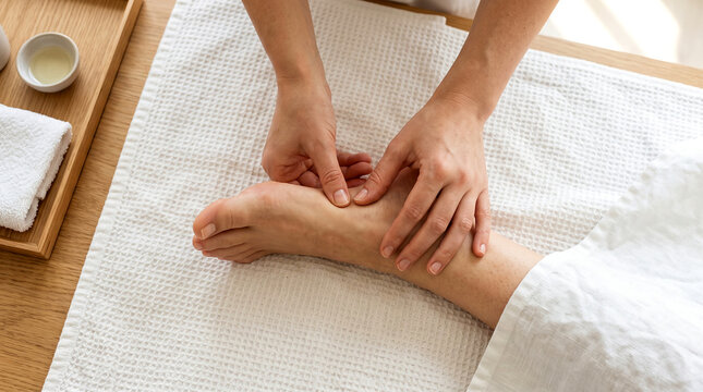 Overhead close-up of two hands applying gentle pressure to an adult client&rsquo;s foot on a clean towel, capturing a careful massage technique in a bright wellness setting.