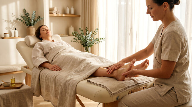 Foot wellness treatment in a bright minimalist room, where a female therapist applies massage oil to a client&rsquo;s foot with smooth movements and a calm, natural atmosphere.