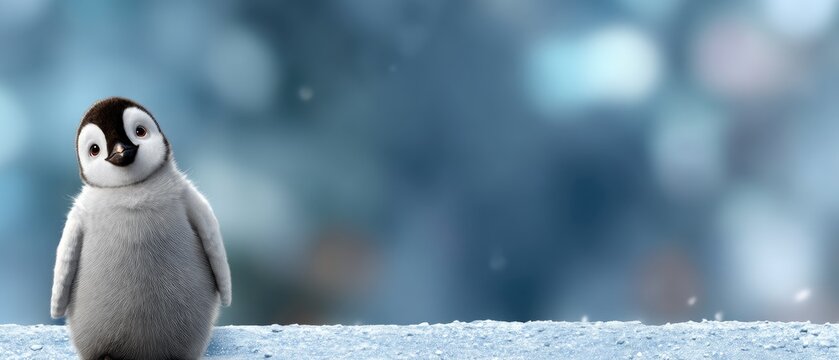 Cute baby penguin stands on icy surface in a chilly environment during winter, showcasing its fluffy feathers and curious expression in a serene setting
