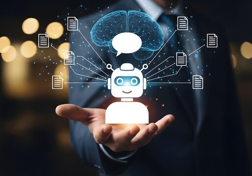 Business person holding an artificial intelligence chatbot hologram with linked data document icons and a brai
