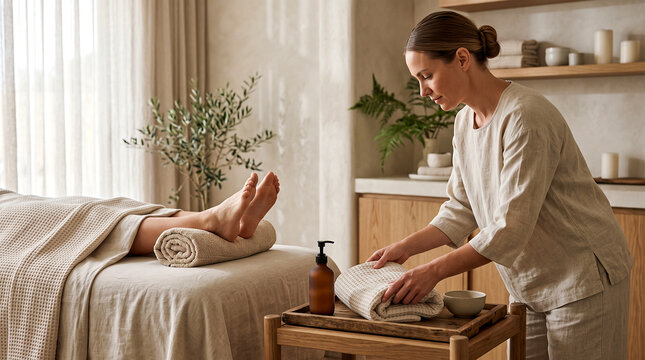 Spa therapist preparing clean towels and neutral lotion beside a treatment bed before a foot care session, photographed in a warm, uncluttered wellness room.