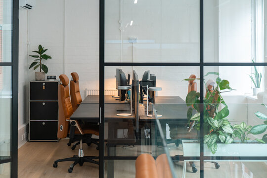 View of a modern office interior with ergonomic leather chairs, black desks, computer monitors, and indoor plants behind a glass partition in London, United Kingdom.