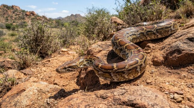 A large patterned snake coils across sunlit rocks in an arid African scrubland landscape