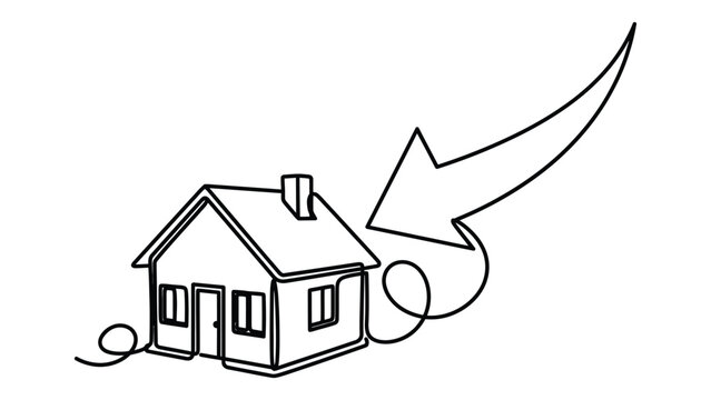 Continuous line drawing of house with downward arrow representing property market decline.