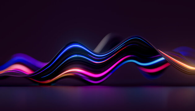 3D Minimal Neon Wave Sculpture with Floating Color Ribbons and Spacious Purple Background