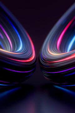 3D Abstract Twin Light Channels with Curving Neon Strands and Minimal Dark Center