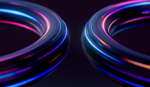 3D Symmetrical Neon Fiber Arches with Central Dark Space and Futuristic Blue Pink Light