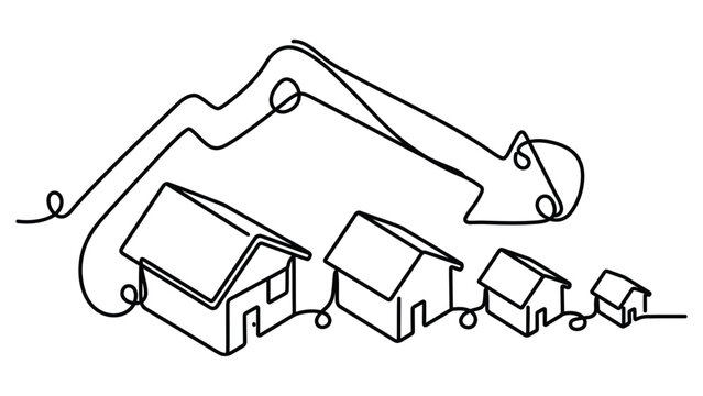 Continuous line drawing of houses and downward arrow symbolizing real estate market decline