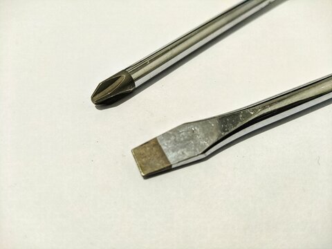 Close up of flathead and phillips screwdriver metal tips