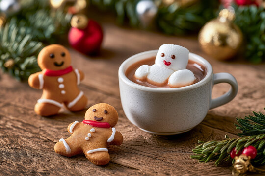 Happy marmallow character taking a bath in a cup of hot cocoa with a gingerman cookie on a rustic wooden table , Christmas  lights background, comforting warm chocolate sweet drink and food in winter