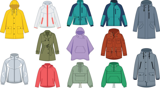 Raincoat and Waterproof Outerwear Jacket Vector Icon Set with Hooded Raincoats Windbreakers Ponchos Trench Coats and Autumn Winter Technical Sportswear Apparel Designs
