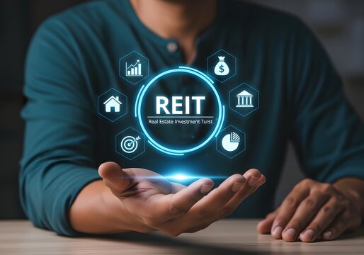 Person presenting reit real estate investment trust holographic graphic floating above open palm