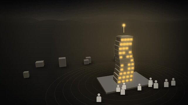 Growing AI tower gaining floors wide scene
