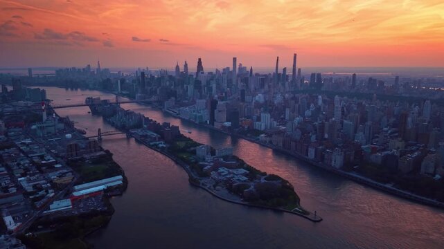 An island lies between Manhattan and the opposite riverbank. Rows of towers flank reflective water beneath layered orange clouds in an elevated view.