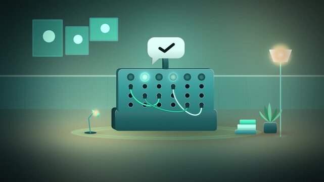 Teal operator switchboard with patch cords and lamps full scene