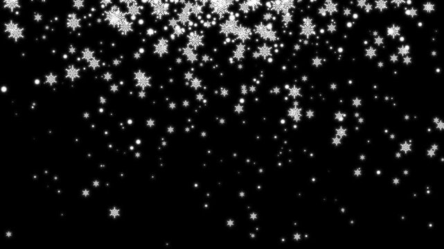 Falling snowflakes and white glowing sparkle particles shower, magical winter snow effect transition on black background loop