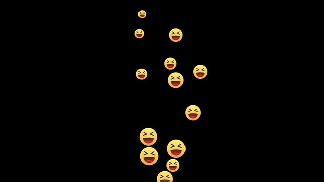 Floating laughing haha emojis reaction icons flying upwards on black background for social media video overlay