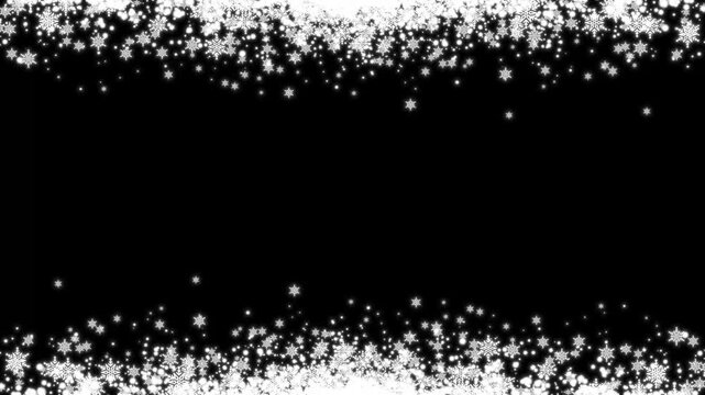 Magical glowing sparkle particles and dynamic falling snowflakes border animation on black background for winter holiday video editing overlays