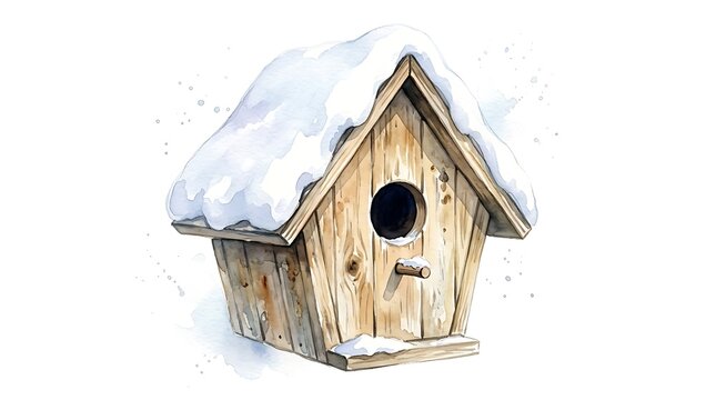 Watercolor painting of a snow-covered wooden birdhouse on a white background.