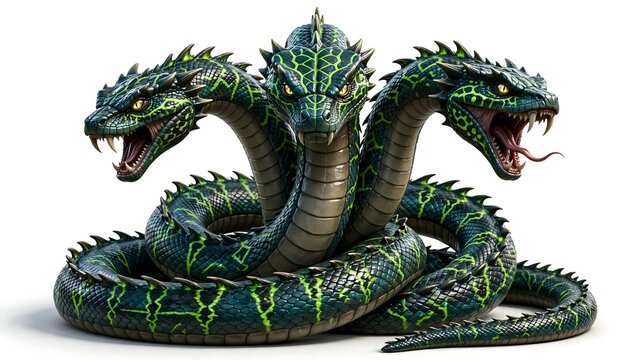 Three headed turquoise fantasy serpent with glowing golden eyes, sharp fangs, green markings, a long coiled body, and dorsal spikes in a detailed 3D animated monster style isolated on white.