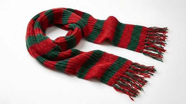 Red and green striped knitted scarf on a white background.