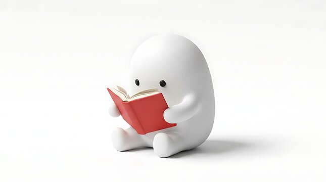 White character reading a red book in a 3d rendered scene.