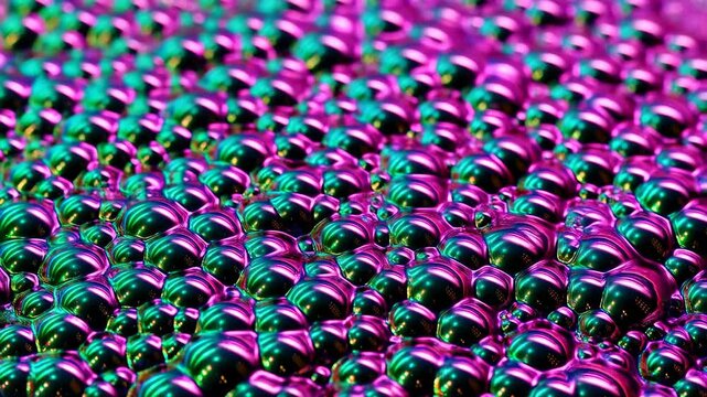 Neon magenta and teal metallic bubbles rippling in macro abstract surface 60fps
